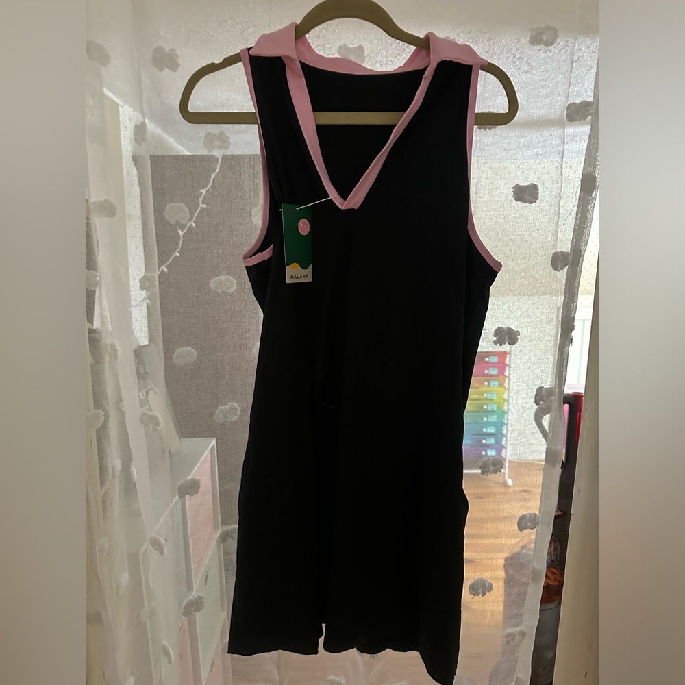 NWT Halara Golf/Tennis mini dress w/ matching bike shorts black/pink